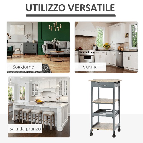 HOMCOM-Carrello-da-Cucina-Portavivande-con-Cassetto-2-Ripiani-e-Vassoio-Estraibile-37x37x76cm-Grigio