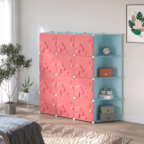 HOMCOM-Mobile-Scarpiera-Modulare-Salvaspazio-a-Fungo-16-Cubi-in-Acciaio-e-PP-145x47x145-cm-Rosa-e-Blu