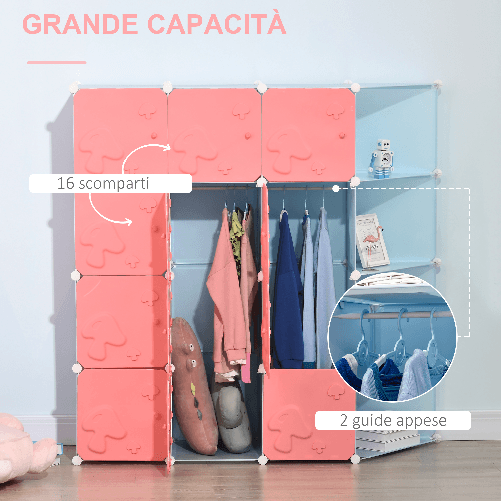 HOMCOM-Mobile-Scarpiera-Modulare-Salvaspazio-a-Fungo-16-Cubi-in-Acciaio-e-PP-145x47x145-cm-Rosa-e-Blu