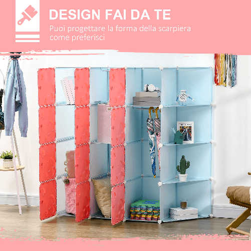 HOMCOM-Mobile-Scarpiera-Modulare-Salvaspazio-a-Fungo-16-Cubi-in-Acciaio-e-PP-145x47x145-cm-Rosa-e-Blu