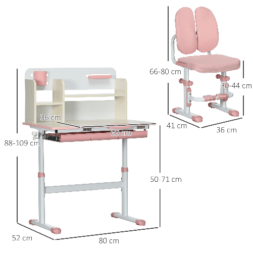 HOMCOM-Banco-Scuola-con-Sedia-per-Bambini-3-12-Anni-Altezza-Regolabile-e-Piano-Inclinabile-Rosa