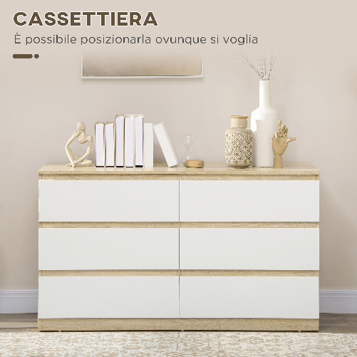 HOMCOM-Cassettiera-6-Cassetti-Moderna-in-Legno-135x48x77cm-Bianco-e-Colore-Legno