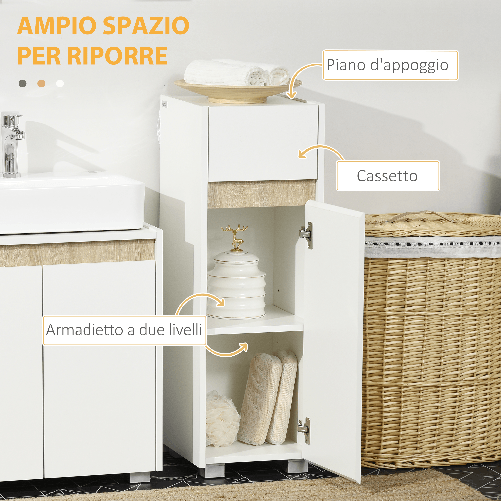 kleankin-Mobiletto-Bagno-con-Cassetto-e-Armadietto-con-Mensola-Regolabile-in-Legno-30x33x88cm-Bianco