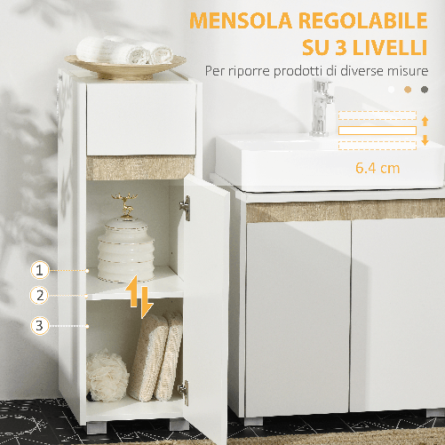 kleankin-Mobiletto-Bagno-con-Cassetto-e-Armadietto-con-Mensola-Regolabile-in-Legno-30x33x88cm-Bianco