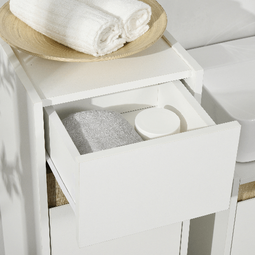 kleankin-Mobiletto-Bagno-con-Cassetto-e-Armadietto-con-Mensola-Regolabile-in-Legno-30x33x88cm-Bianco