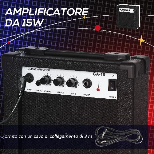 SPORTNOW-Chitarra-Elettrica-con-Amplificatore-15W-Borsa-Tracolla-e-Accordatore-Digitale-Nero