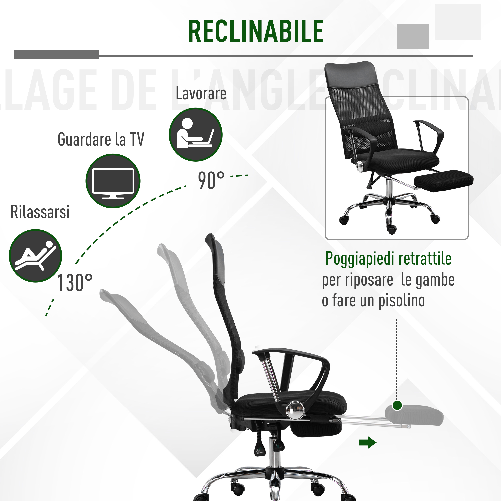 Vinsetto-Poltrona-da-Ufficio-Ergonomica-Altezza-Regolabile-Reclinabile-Poggiapiedi-Estraibile-Supporto-Lombare-Nero