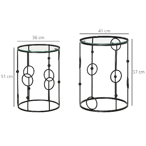 HOMCOM-Set-di-2-Tavolini-da-Caffe-Impilabili-in-Metallo-e-Vetro-Temperato-Ø41x57cm-e-Ø36x51cm-Nero