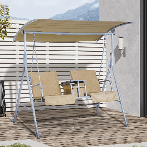 Outsunny-Dondolo-da-Giardino-2-Posti-Separati-con-Tavolino-e-Tetto-Regolabile-in-Metallo-175x112x165cm-Beige