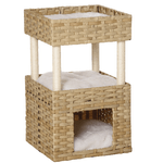 PawHut Casetta per Gatti a 3 Livelli in Rattan PE con Cuscini Lavabili in Peluche, 40x40x70cm