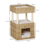 PawHut-Casetta-per-Gatti-a-3-Livelli-in-Rattan-PE-con-Cuscini-Lavabili-in-Peluche-40x40x70cm