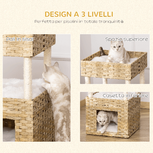 PawHut-Casetta-per-Gatti-a-3-Livelli-in-Rattan-PE-con-Cuscini-Lavabili-in-Peluche-40x40x70cm