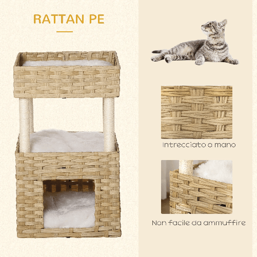 PawHut-Casetta-per-Gatti-a-3-Livelli-in-Rattan-PE-con-Cuscini-Lavabili-in-Peluche-40x40x70cm