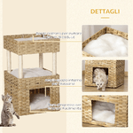 PawHut-Casetta-per-Gatti-a-3-Livelli-in-Rattan-PE-con-Cuscini-Lavabili-in-Peluche-40x40x70cm