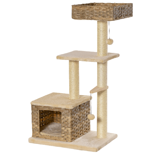 PawHut-Tiragraffi-a-Colonna-da-109cm-per-Gatti-fino-a-5kg-con-Cuccia-Giochi-e-Pali-in-Corda-Beige-60x40x109cm