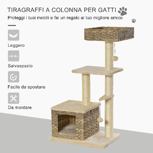 PawHut-Tiragraffi-a-Colonna-da-109cm-per-Gatti-fino-a-5kg-con-Cuccia-Giochi-e-Pali-in-Corda-Beige-60x40x109cm