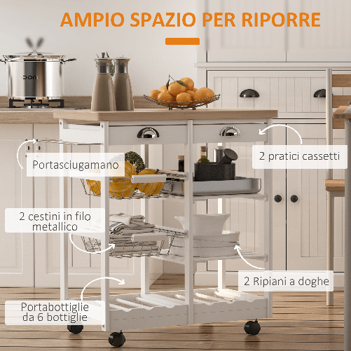 HOMCOM-Carrello-da-Cucina-con-Cassetti-e-Portabottiglie-Legno-e-Bianco