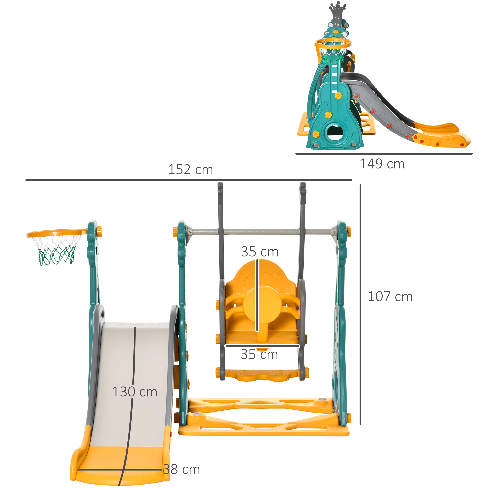 HOMCOM-Scivolo-per-Bambini-18-Mesi-3-Anni-con-Altalena-Regolabile-e-Canestro-in-HDPE-Multicolore-152x149x107cm