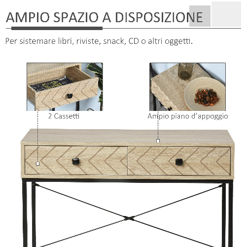 HOMCOM-Tavolo-Consolle-in-Legno-e-Metallo-Nero-con-2-Cassetti-per-Ingresso