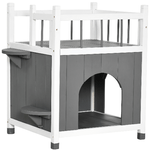 PawHut Casetta per Gatti da Esterni con 2 Ingressi, 2 Gradini e 1 Balcone, Cuccia per Gatti in Legno d'Abete, 60x46x65 cm, Grigia