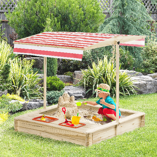 Outsunny-Sabbiera-da-Cortile-con-Tettuccio-Regolabile-per-Bambini-3-8-Anni-118x118x118cm---Legno