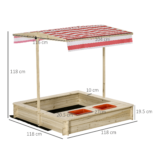 Outsunny-Sabbiera-da-Cortile-con-Tettuccio-Regolabile-per-Bambini-3-8-Anni-118x118x118cm---Legno