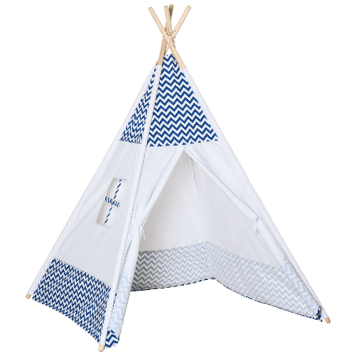 HOMCOM-Tenda-Indiana-per-Bambini-Teepee-in-Tessuto-e-Legno-con-Finestra-Eta-3-6-Anni-120x120x155cm-Bianco-e-Blu