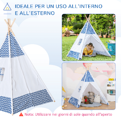 HOMCOM-Tenda-Indiana-per-Bambini-Teepee-in-Tessuto-e-Legno-con-Finestra-Eta-3-6-Anni-120x120x155cm-Bianco-e-Blu