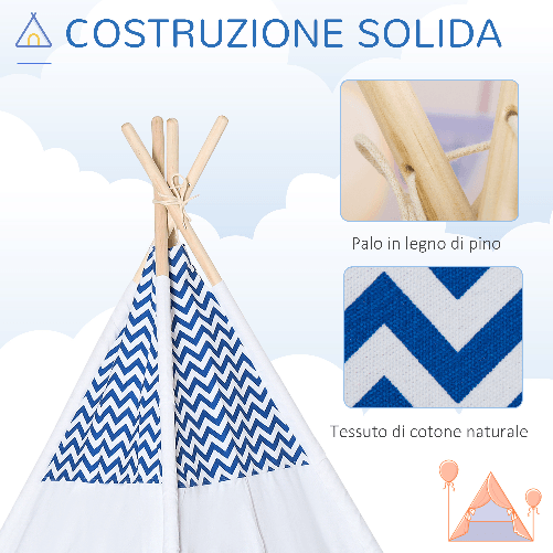 HOMCOM-Tenda-Indiana-per-Bambini-Teepee-in-Tessuto-e-Legno-con-Finestra-Eta-3-6-Anni-120x120x155cm-Bianco-e-Blu