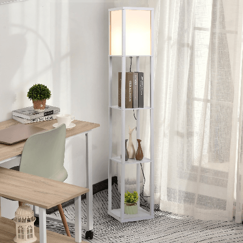 HOMCOM-Lampada-da-Terra-con-3-Mensole-Integrate-Attacco-E27-Potenza-40W-Arredamento-Moderno-in-MDF-26x26x160cm-Bianco