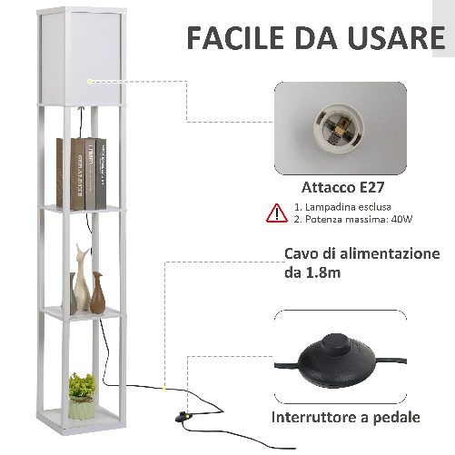 HOMCOM-Lampada-da-Terra-con-3-Mensole-Integrate-Attacco-E27-Potenza-40W-Arredamento-Moderno-in-MDF-26x26x160cm-Bianco