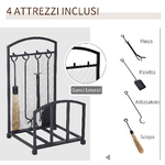 HOMCOM-Portalegna-da-Interno-ed-Esterno-in-Metallo-con-Ganci-e-4-Attrezzi-Inclusi-39x39x68cm-Nero