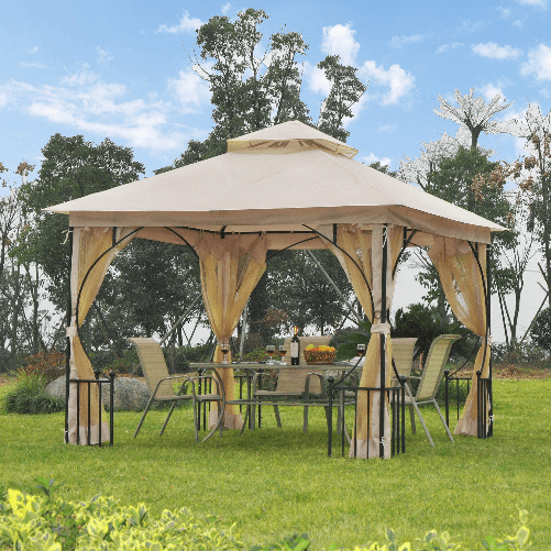 Outsunny-Gazebo-da-Giardino-3x3m-in-Metallo-con-Zanzariere-e-Tettuccio-in-Poliestere-Beige