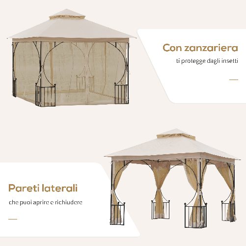 Outsunny-Gazebo-da-Giardino-3x3m-in-Metallo-con-Zanzariere-e-Tettuccio-in-Poliestere-Beige