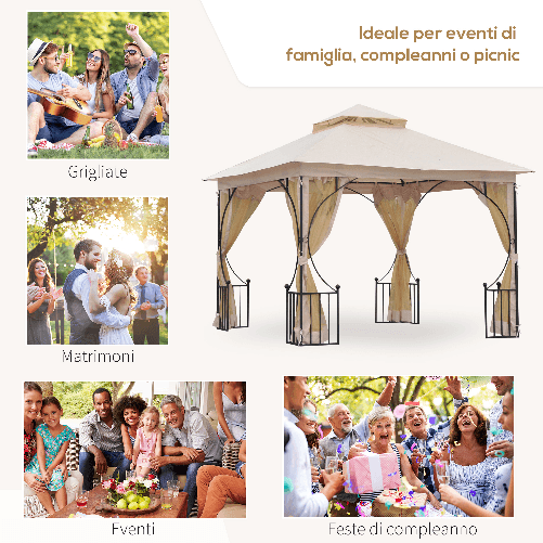 Outsunny-Gazebo-da-Giardino-3x3m-in-Metallo-con-Zanzariere-e-Tettuccio-in-Poliestere-Beige