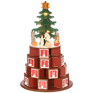 HOMCOM Calendario Avvento di Natale a Cono con Motivi a Tema e 10 Luci a LED, 22x22x35 cm, in Compensato, Rosso Verde e Giallo