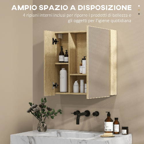 kleankin-Mobile-da-bagno-con-Specchio-e-4-Ripiani-interni-in-truciolato-60x15x60cm-color-Legno