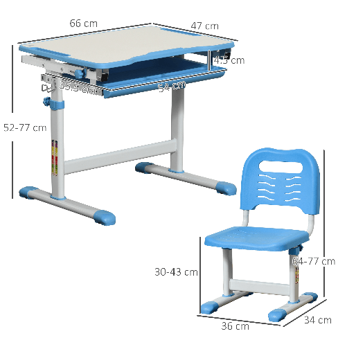 HOMCOM-Banco-Scuola-con-Sedia-Regolabili-in-Altezza-per-Bambini-6-12-Anni-Cassetto-e-Piano-Inclinabile-a-45°-Acciaio-e-MDF-Blu