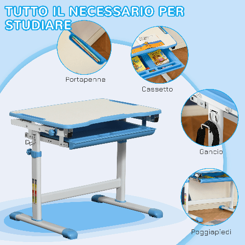 HOMCOM-Banco-Scuola-con-Sedia-Regolabili-in-Altezza-per-Bambini-6-12-Anni-Cassetto-e-Piano-Inclinabile-a-45°-Acciaio-e-MDF-Blu