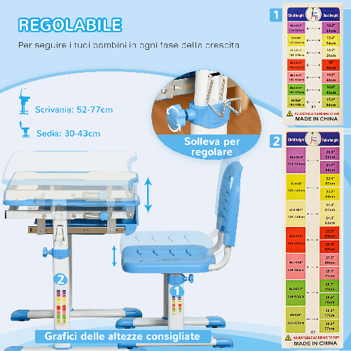 HOMCOM-Banco-Scuola-con-Sedia-Regolabili-in-Altezza-per-Bambini-6-12-Anni-Cassetto-e-Piano-Inclinabile-a-45°-Acciaio-e-MDF-Blu