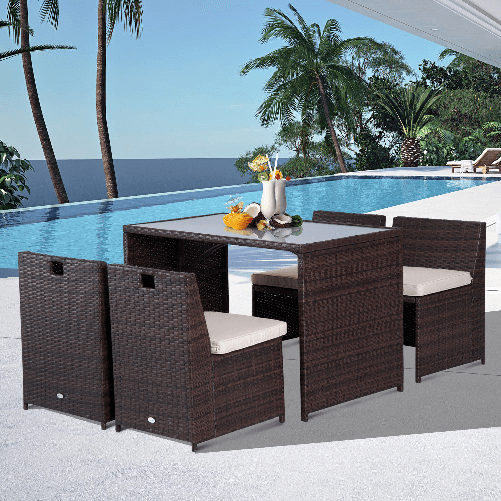 Outsunny--Set-Mobili-da-Giardino-in-Rattan-5pz-Tavolo-Pranzo-4-Sedie-con-Cuscini