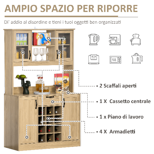 HOMCOM-Mobile-Credenza-Alta-da-Cucina-con-Cassetto-4-Armadietti-Mensole-e-Portabottiglie-in-Legno-Rovere