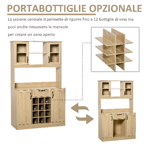 HOMCOM-Mobile-Credenza-Alta-da-Cucina-con-Cassetto-4-Armadietti-Mensole-e-Portabottiglie-in-Legno-Rovere