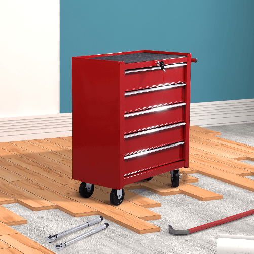 HOMCOM-Carrello-Porta-Utensili-con-5-Cassetti-Serratura-2-Chiavi-e-Manubrio-Parete-Smontabile-2-Ruote-con-Freno-in-Lamiera-d-Acciaio-EVA-Rosso-675x33x77cm