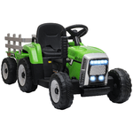 HOMCOM Trattore Elettrico per Bambini 3-6 Anni con Rimorchio Rimovibile, Batteria 12V e Telecomando, Verde