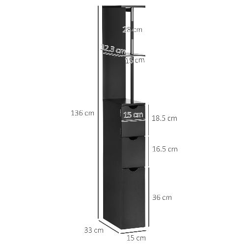 HOMCOM-Mobile-Colonna-Salvaspazio-in-Legno-con-Ripiani-Armadietto-e-Cassetti-Nero-15x33x136cm