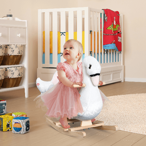 HOMCOM-Cavallo-a-Dondolo-a-Forma-di-Cigno-con-Musica-Struttura-in-Metallo-e-Legno-Rivestimento-Peluche-60x32x55cm-Bianco