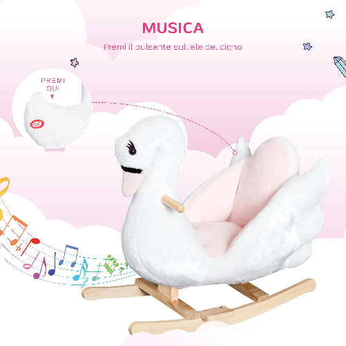 HOMCOM-Cavallo-a-Dondolo-a-Forma-di-Cigno-con-Musica-Struttura-in-Metallo-e-Legno-Rivestimento-Peluche-60x32x55cm-Bianco