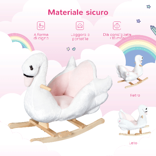 HOMCOM-Cavallo-a-Dondolo-a-Forma-di-Cigno-con-Musica-Struttura-in-Metallo-e-Legno-Rivestimento-Peluche-60x32x55cm-Bianco