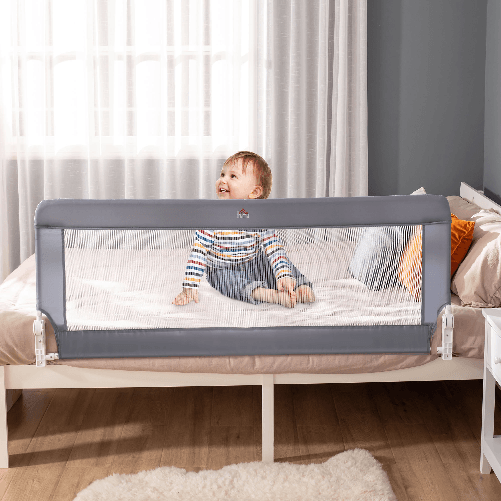 HOMCOM-Sponda-Letto-per-Bambini-da-18-Mesi-Barriera-di-Sicurezza-Universale-Anticaduta-con-Tessuto-a-Rete-150x40x60cm-Grigio